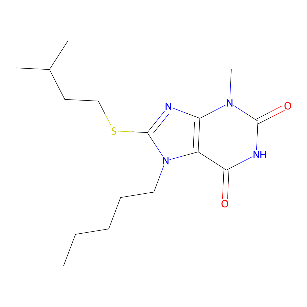 3-Methyl-8-(3-methyl-butylsulfanyl)-7-pentyl-3,7-dihydro-purine-2,6-dione molecular structure, CAS 331841-56-6