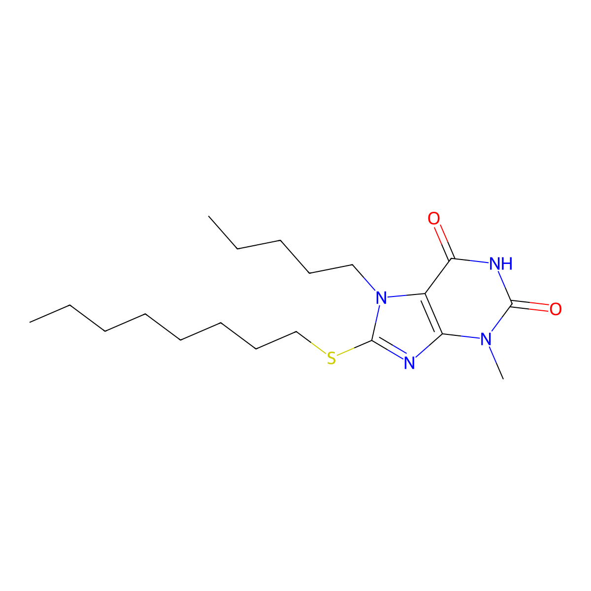 3-Methyl-8-octylsulfanyl-7-pentyl-3,7-dihydro-purine-2,6-dione molecular structure, CAS 331841-57-7