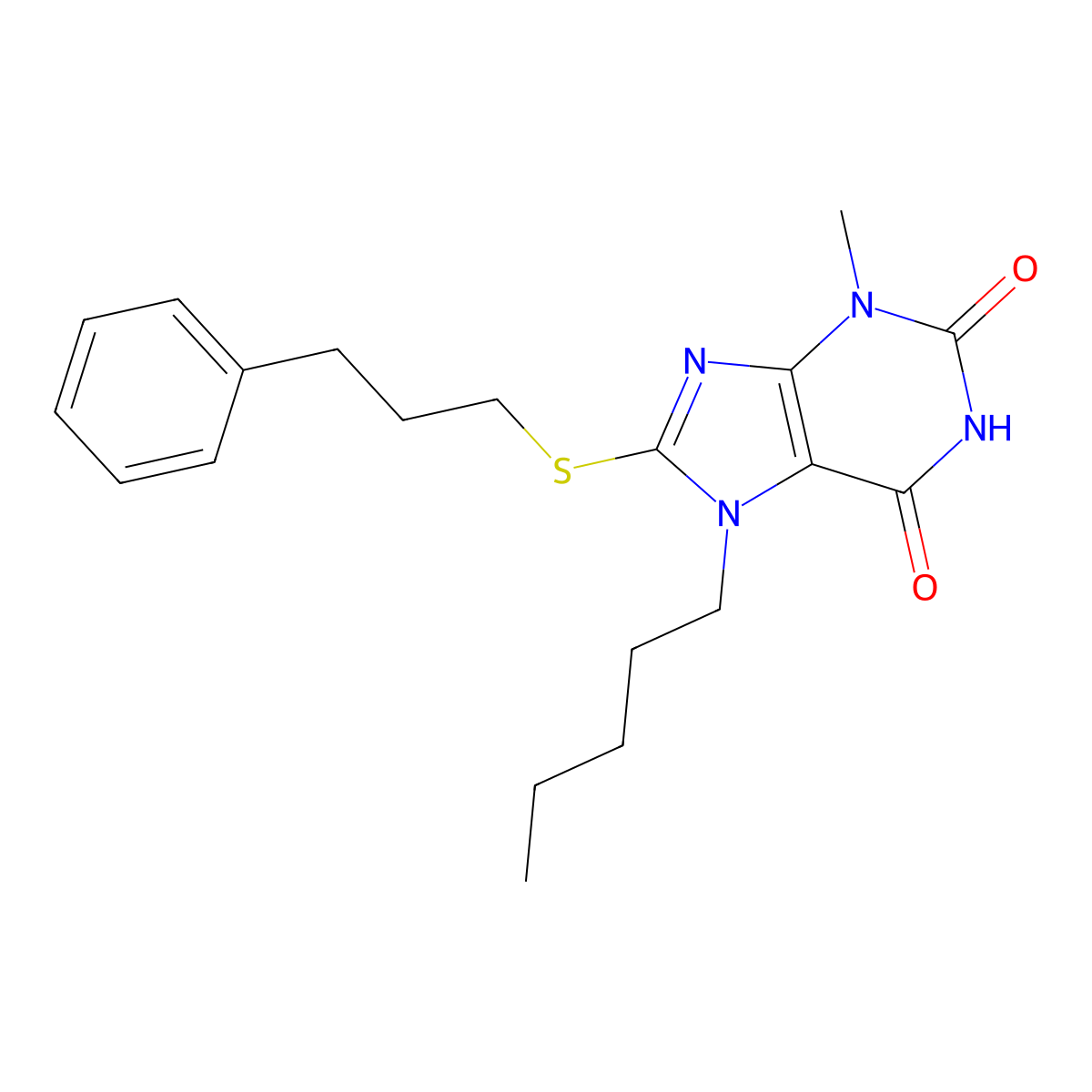 3-methyl-7-pentyl-8-[(3-phenylpropyl)sulfanyl]-3,7-dihydro-1H-purine-2,6-dione molecular structure, CAS 331841-62-4