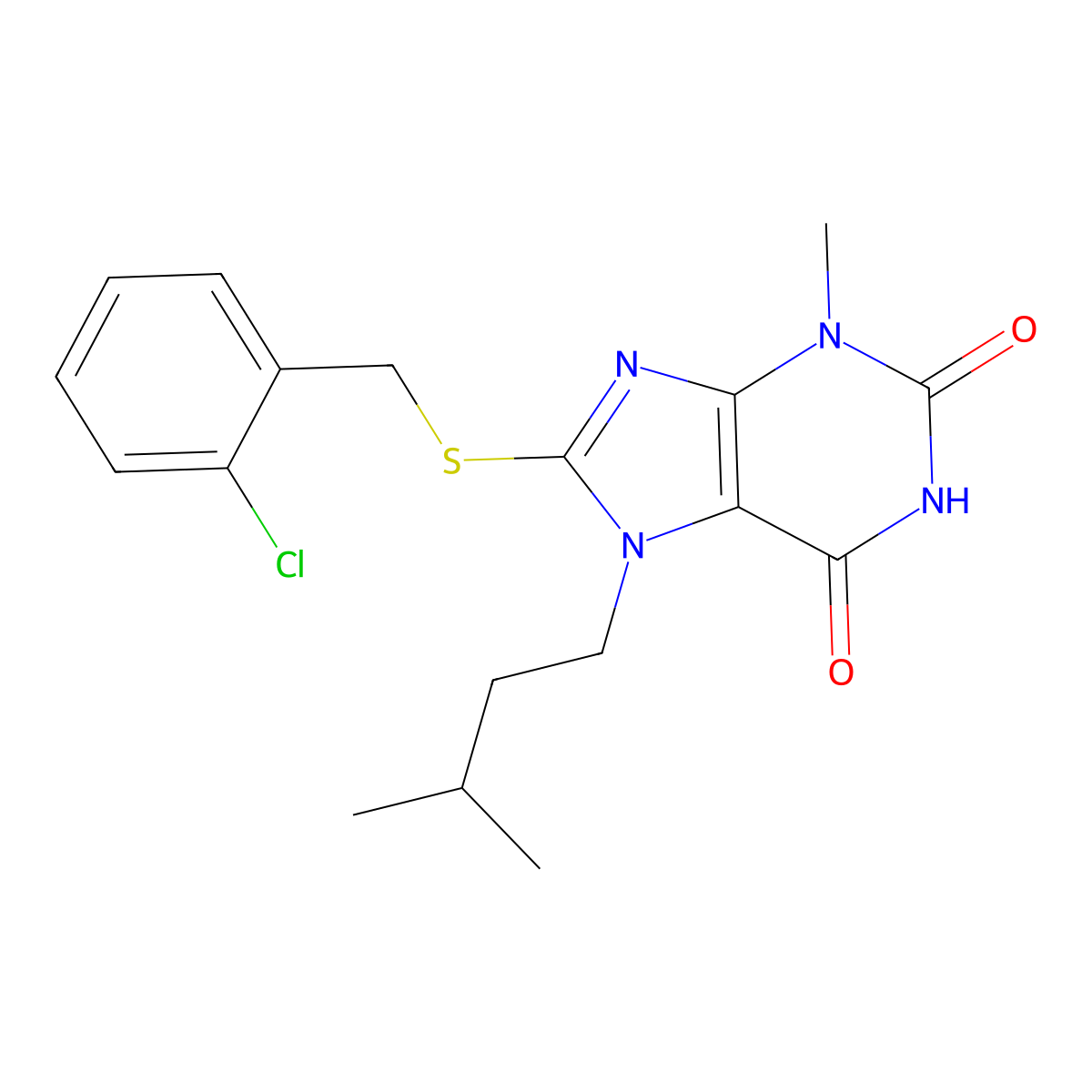 8-[(2-Chlorophenyl)methylsulfanyl]-3-methyl-7-(3-methylbutyl)purine-2,6-dione molecular structure, CAS 331841-63-5