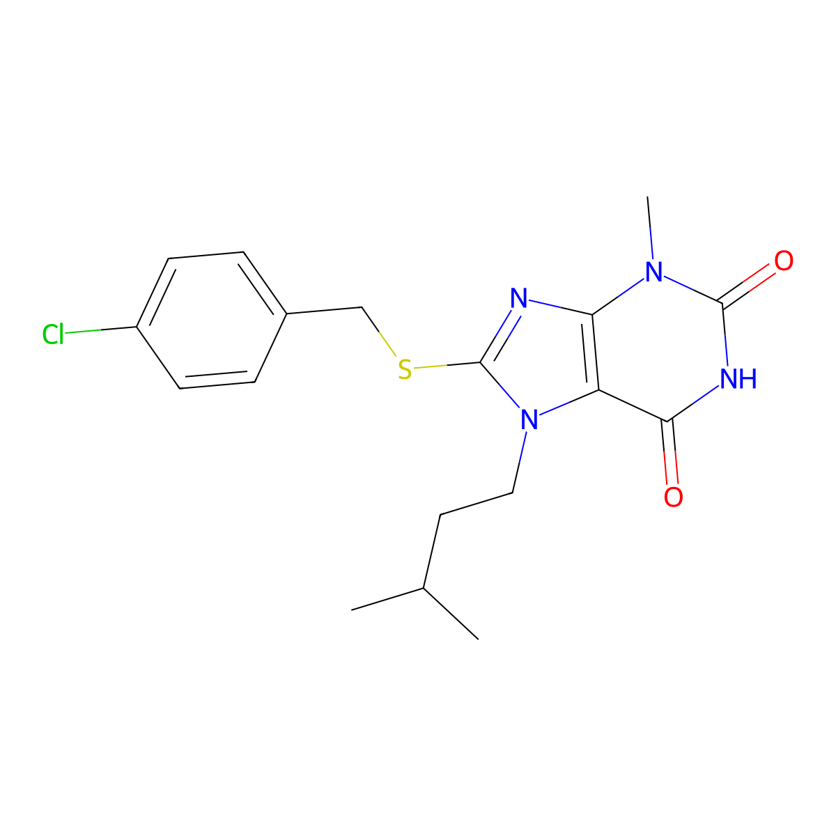 8-[(4-Chlorophenyl)methylsulfanyl]-3-methyl-7-(3-methylbutyl)purine-2,6-dione molecular structure, CAS 331841-64-6