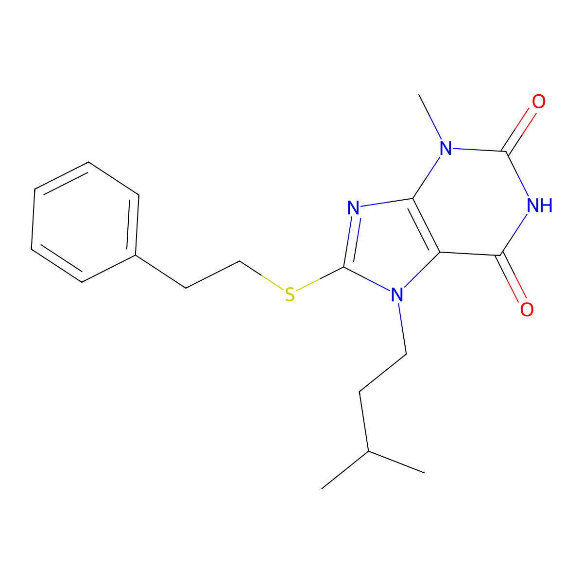 7-isopentyl-3-methyl-8-(phenethylthio)-1H-purine-2,6(3H,7H)-dione molecular structure, CAS 331841-65-7