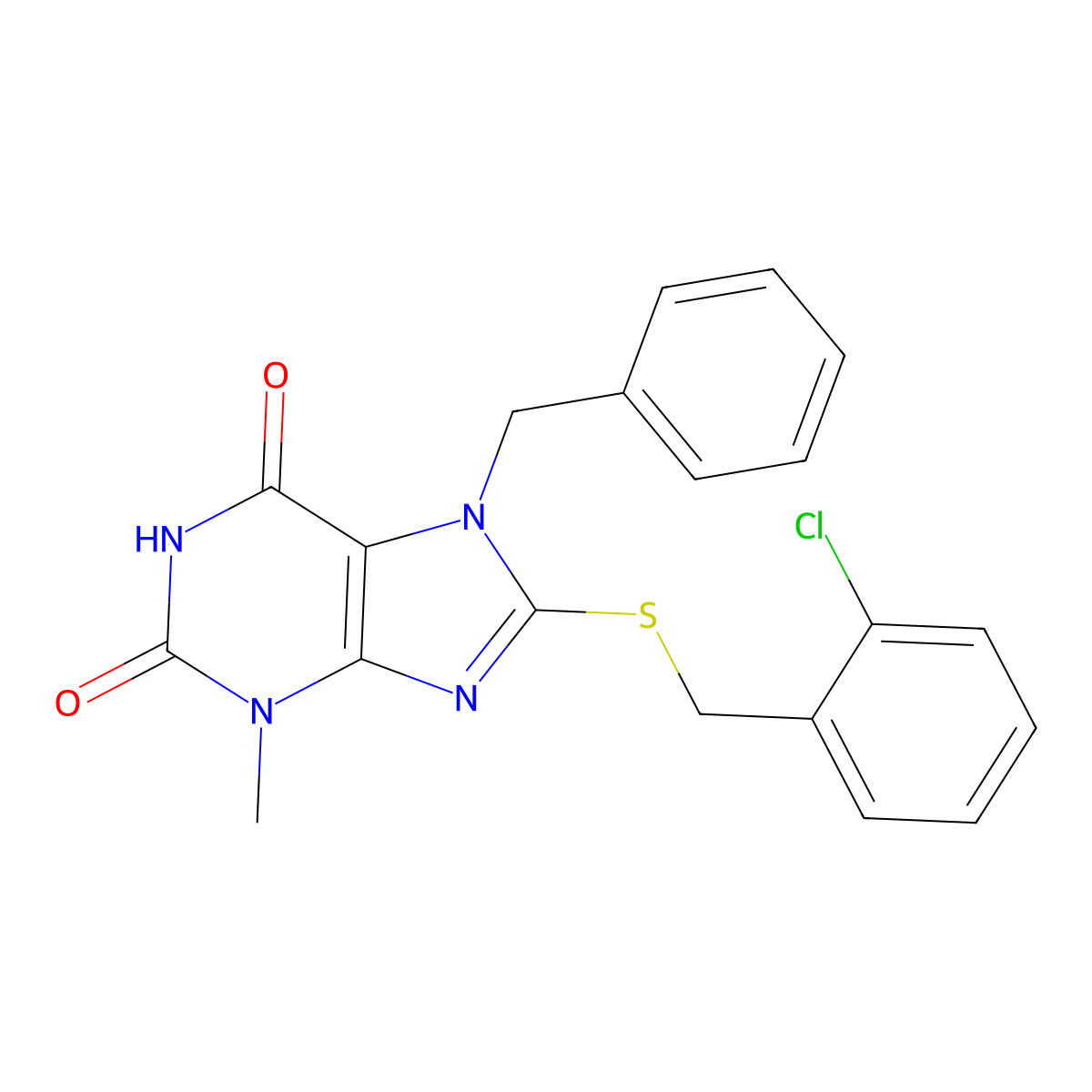7-Benzyl-8-(2-chloro-benzylsulfanyl)-3-methyl-3,7-dihydro-purine-2,6-dione molecular structure, CAS 331841-66-8