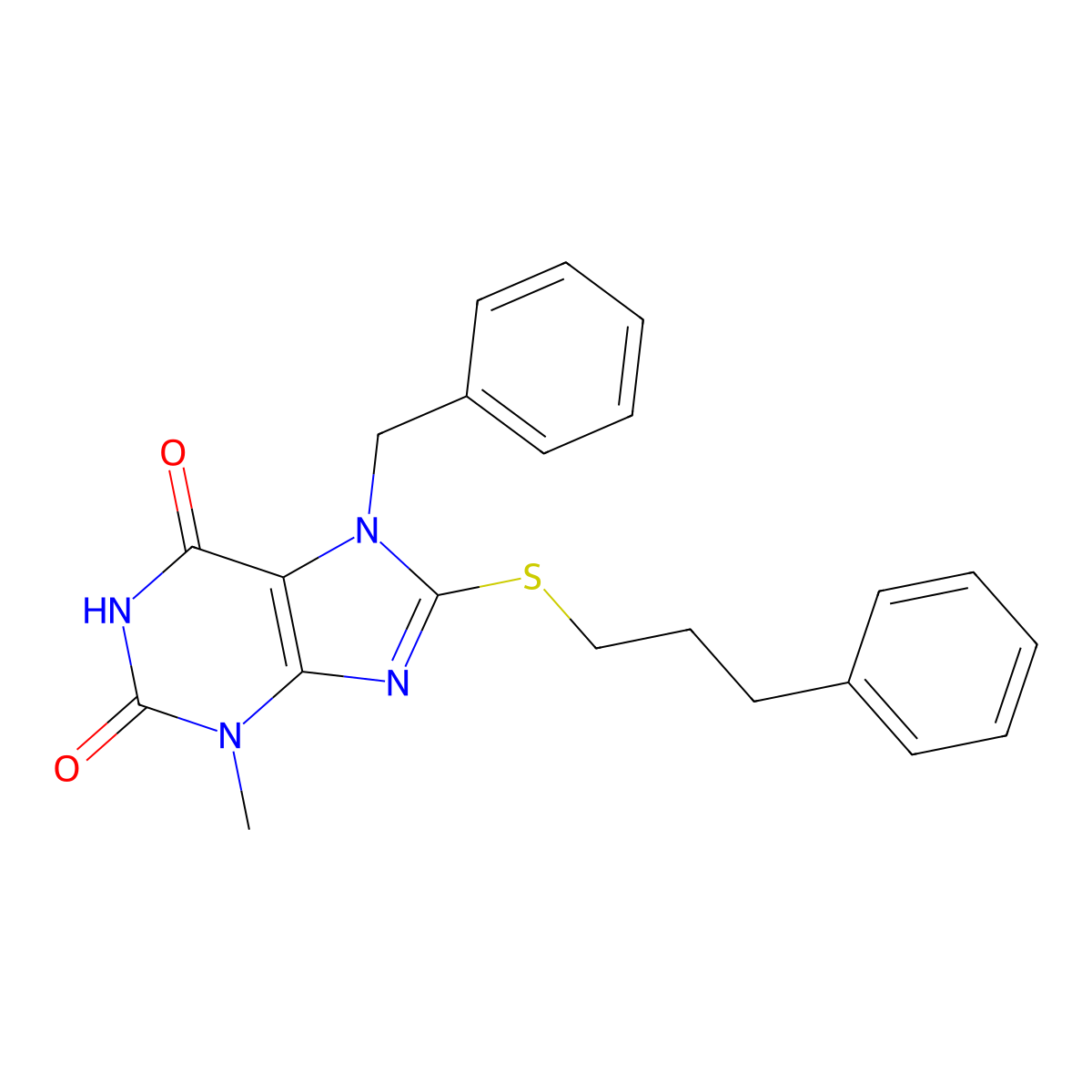 7-benzyl-3-methyl-8-[(3-phenylpropyl)sulfanyl]-2,3,6,7-tetrahydro-1H-purine-2,6-dione molecular structure, CAS 331841-68-0