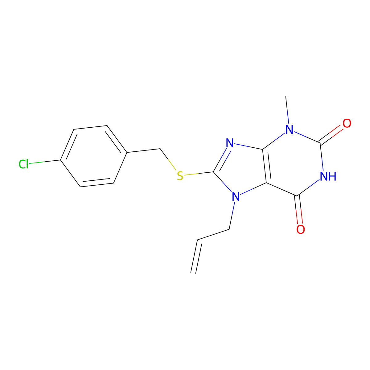 7-Allyl-8-(4-chloro-benzylsulfanyl)-3-methyl-3,7-dihydro-purine-2,6-dione molecular structure, CAS 331841-69-1