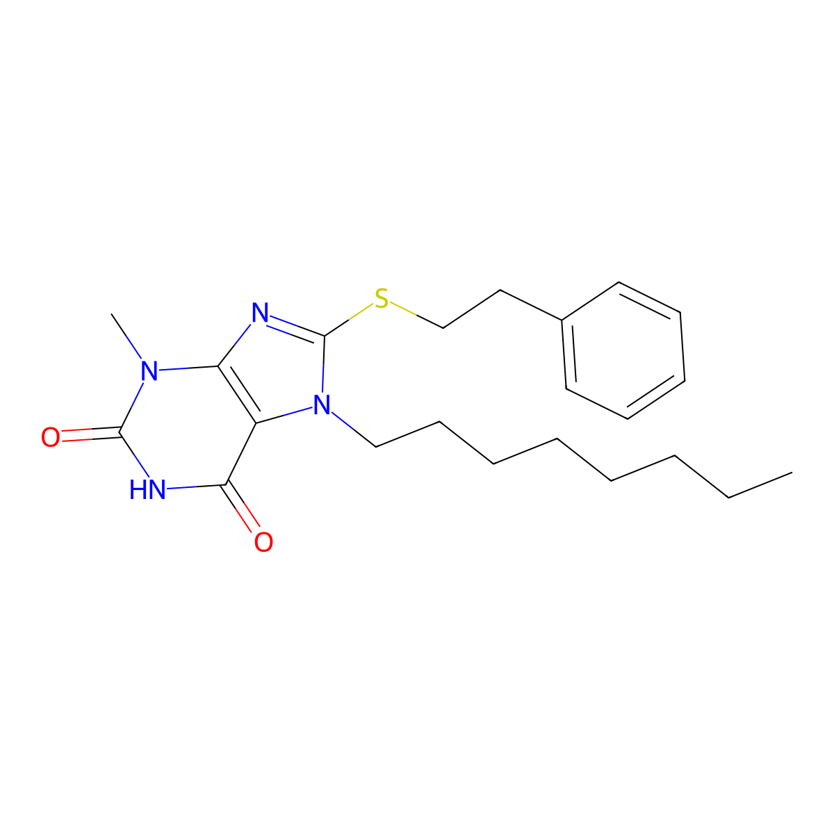 3-methyl-7-octyl-8-[(2-phenylethyl)sulfanyl]-3,7-dihydro-1H-purine-2,6-dione molecular structure, CAS 331842-88-7