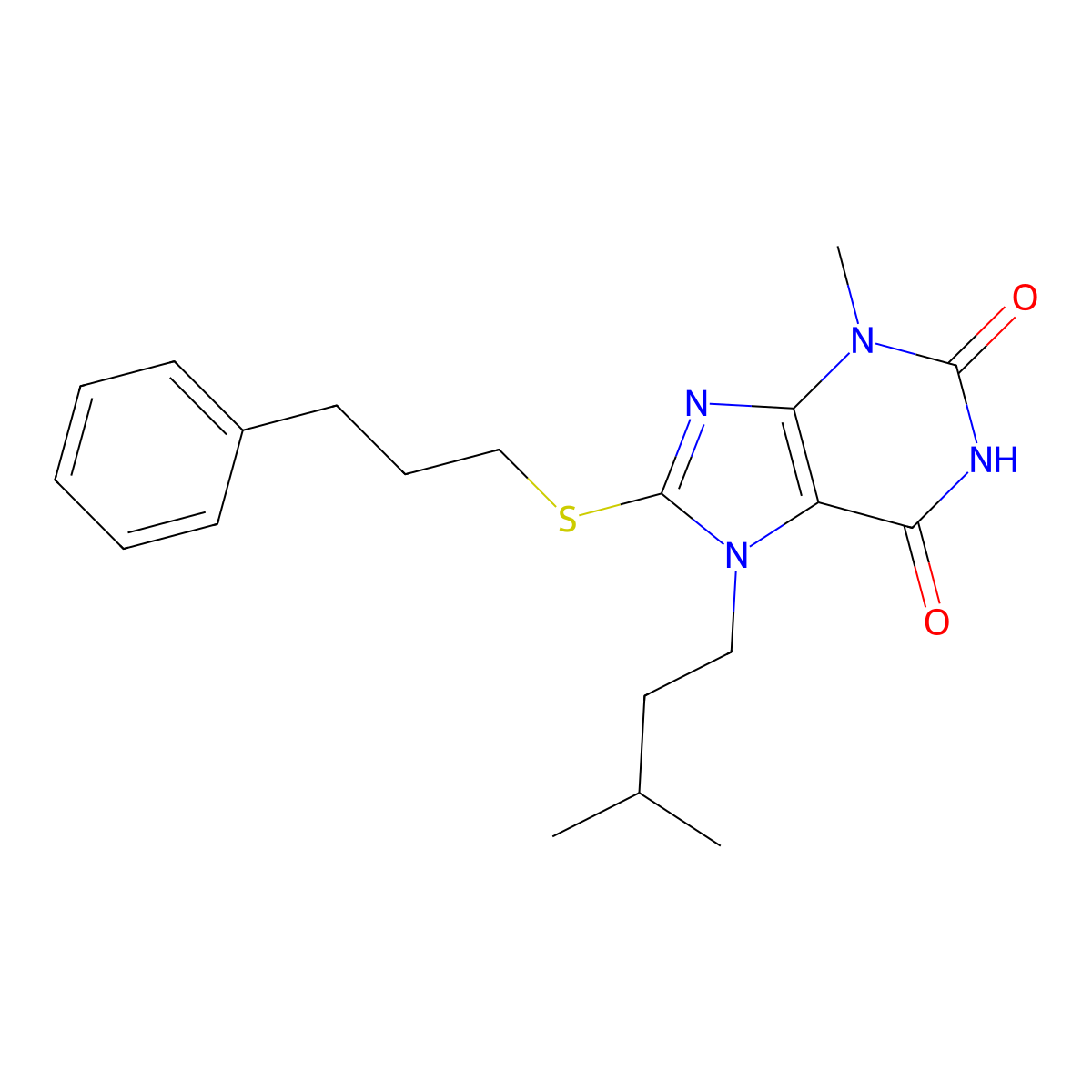 3-Methyl-7-(3-methylbutyl)-8-(3-phenylpropylsulfanyl)purine-2,6-dione molecular structure, CAS 331842-92-3