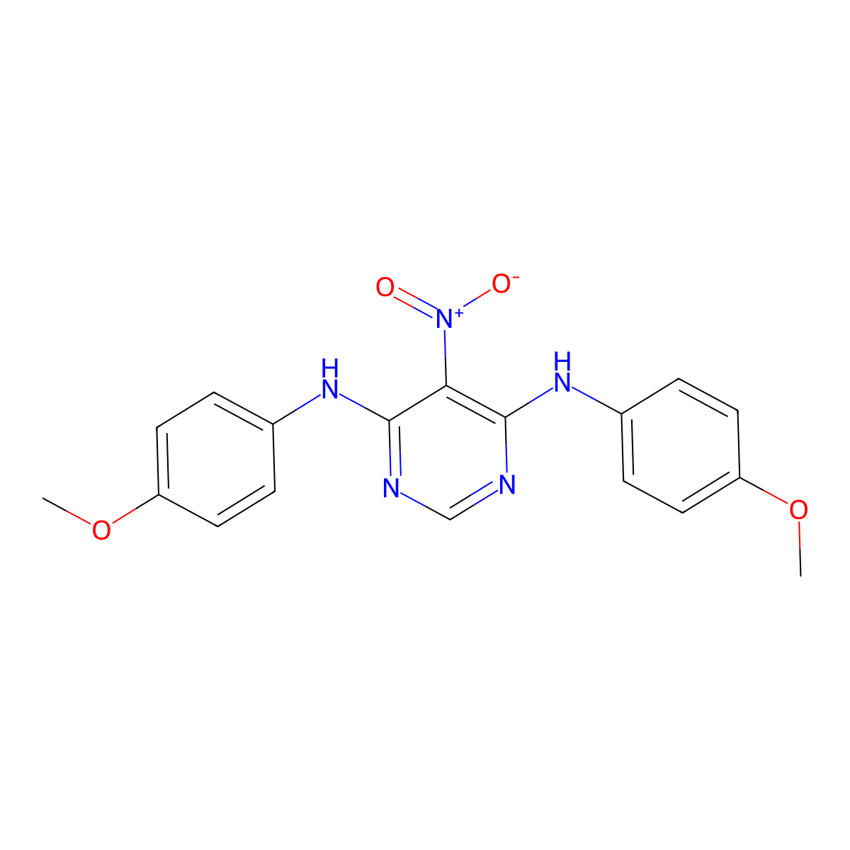 4-N,6-N-bis(4-methoxyphenyl)-5-nitropyrimidine-4,6-diamine molecular structure, CAS 331848-79-4