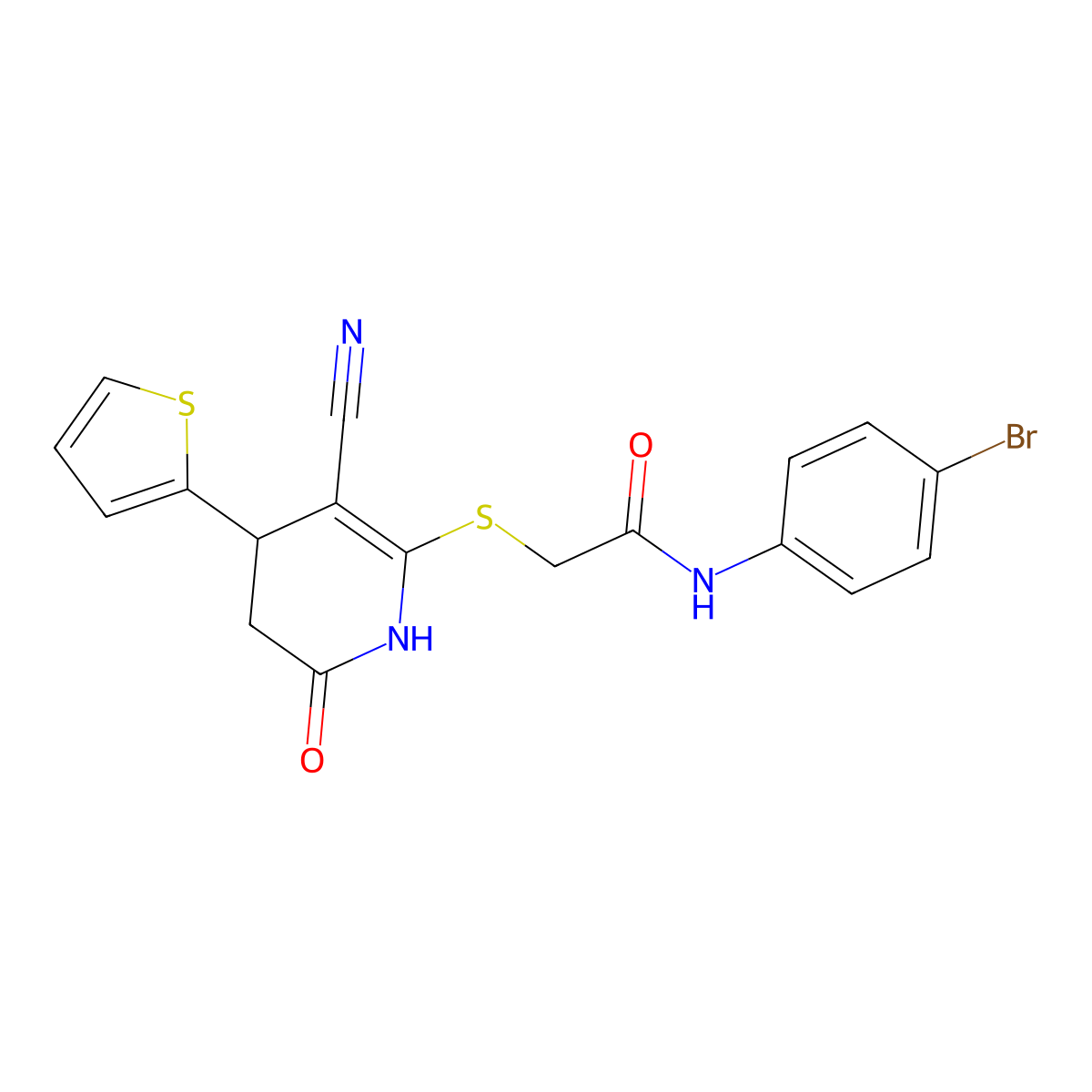 N-(4-bromophenyl)-2-{[3-cyano-6-oxo-4-(thiophen-2-yl)-1,4,5,6-tetrahydropyridin-2-yl]sulfanyl}acetamide molecular structure, CAS 331852-32-5