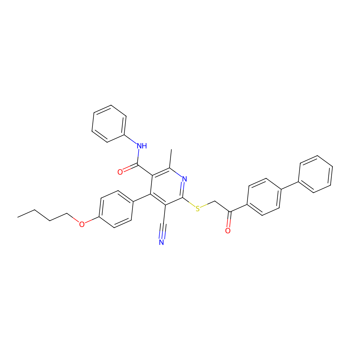 4-(4-butoxyphenyl)-5-cyano-2-methyl-6-[2-oxo-2-(4-phenylphenyl)ethyl]sulfanyl-N-phenylpyridine-3-carboxamide molecular structure, CAS 331852-43-8