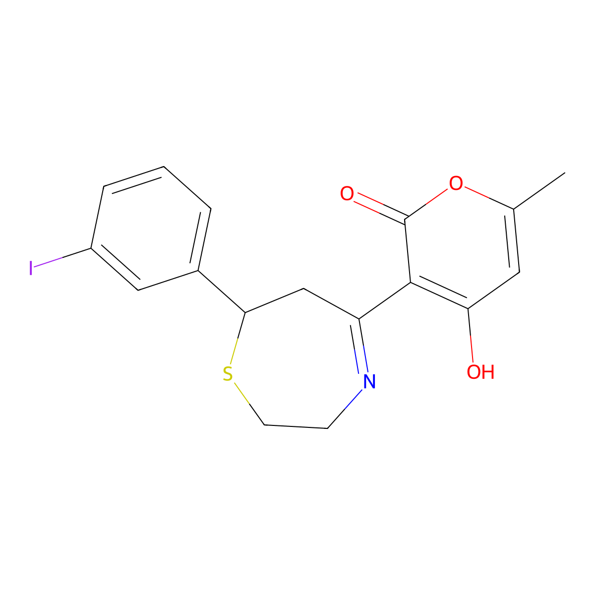 4-hydroxy-3-(7-(3-iodophenyl)-2,3,6,7-tetrahydro-1,4-thiazepin-5-yl)-6-methyl-2H-pyran-2-one molecular structure, CAS 331852-58-5