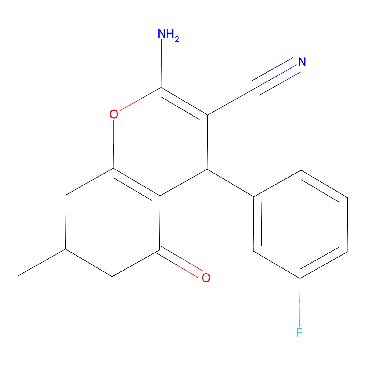 2-Amino-4-(3-fluorophenyl)-7-methyl-5-oxo-4,6,7,8-tetrahydrochromene-3-carbonitrile molecular structure, CAS 331856-32-7