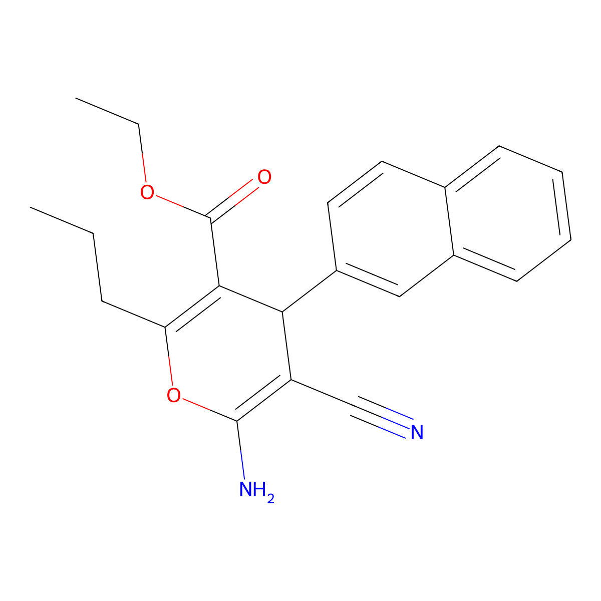 ethyl 6-amino-5-cyano-4-(2-naphthyl)-2-propyl-4H-pyran-3-carboxylate molecular structure, CAS 331856-33-8