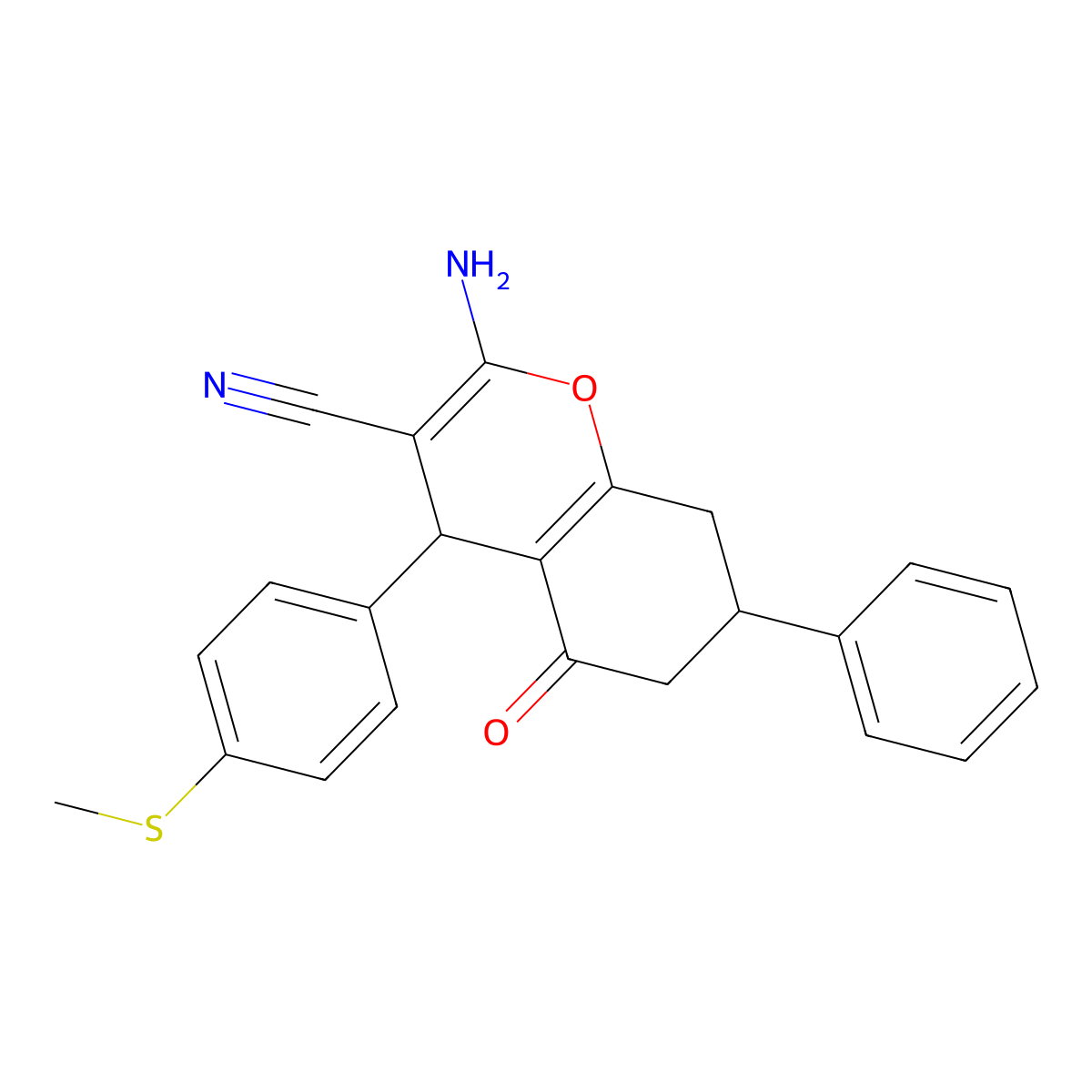 2-Amino-4-(4-methylsulfanylphenyl)-5-oxo-7-phenyl-4,6,7,8-tetrahydrochromene-3-carbonitrile molecular structure, CAS 331856-35-0