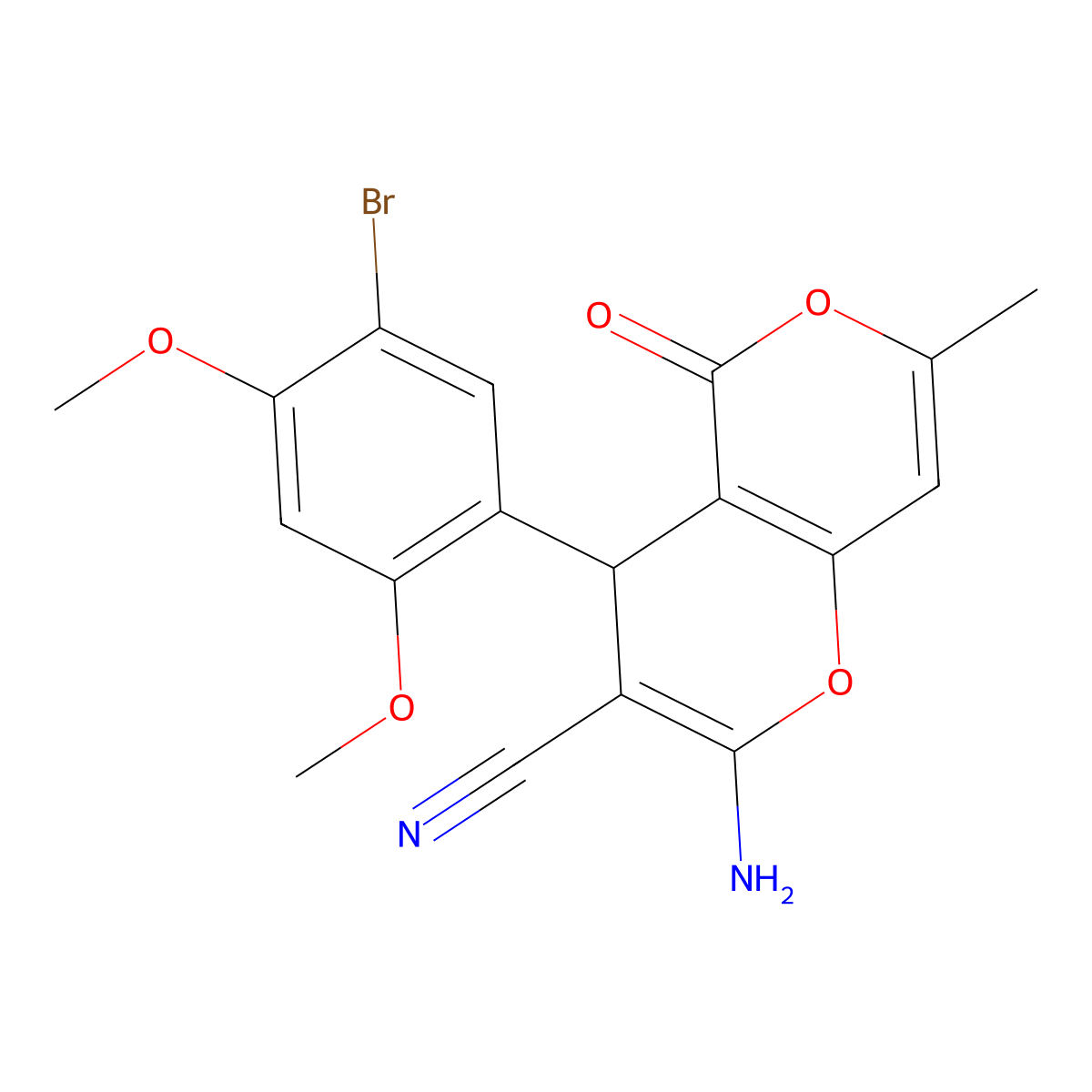 2-amino-4-(5-bromo-2,4-dimethoxyphenyl)-7-methyl-5-oxo-4H-pyrano[3,2-c]pyran-3-carbonitrile molecular structure, CAS 331856-36-1