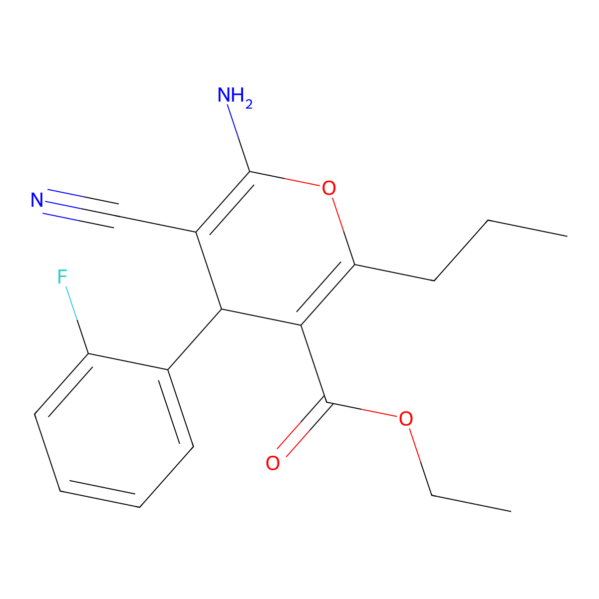 ethyl 6-amino-5-cyano-4-(2-fluorophenyl)-2-propyl-4H-pyran-3-carboxylate molecular structure, CAS 331856-37-2