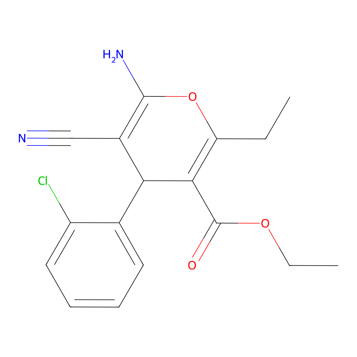 ethyl 6-amino-4-(2-chlorophenyl)-5-cyano-2-ethyl-4H-pyran-3-carboxylate molecular structure, CAS 331856-41-8