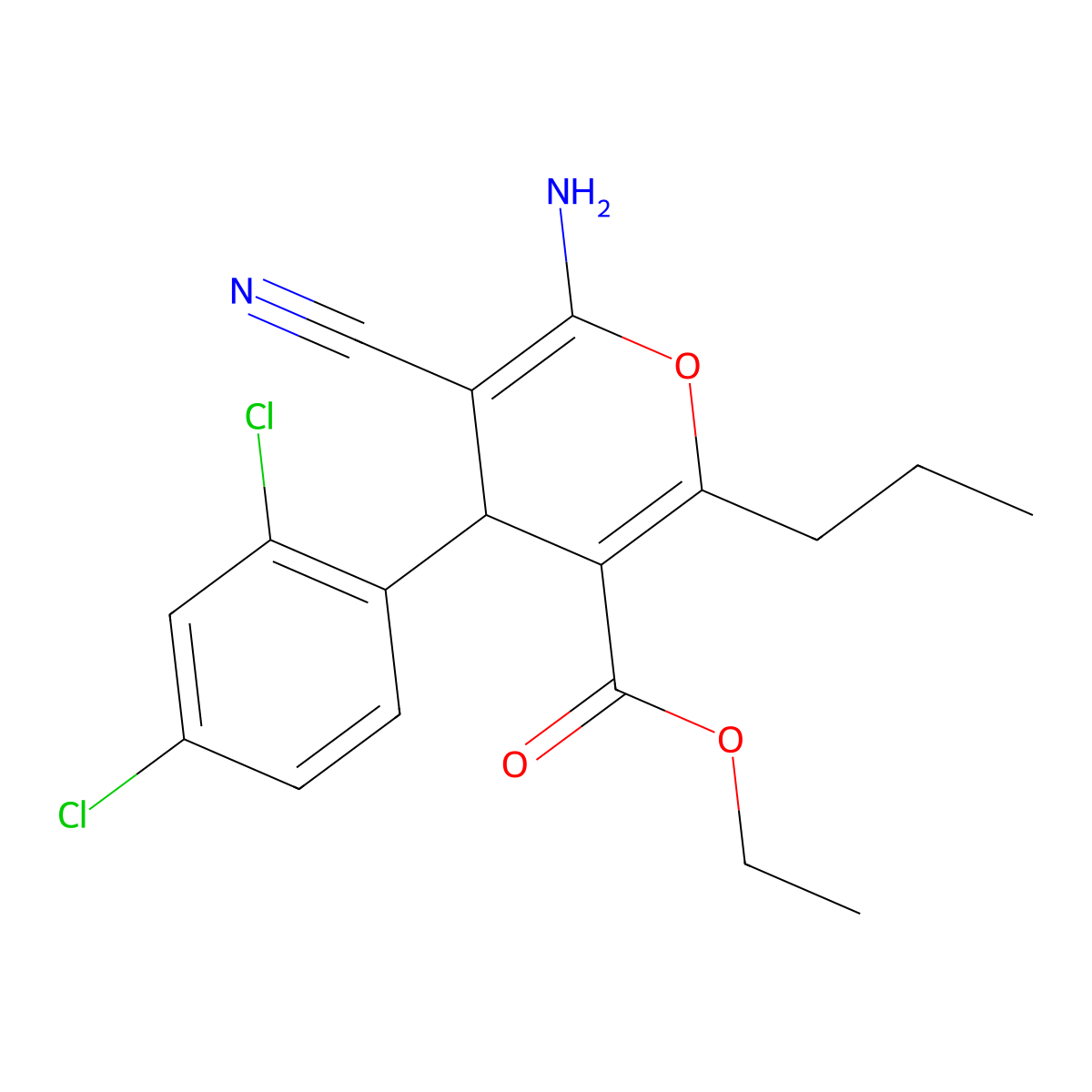 ethyl 6-amino-5-cyano-4-(2,4-dichlorophenyl)-2-propyl-4H-pyran-3-carboxylate molecular structure, CAS 331856-48-5