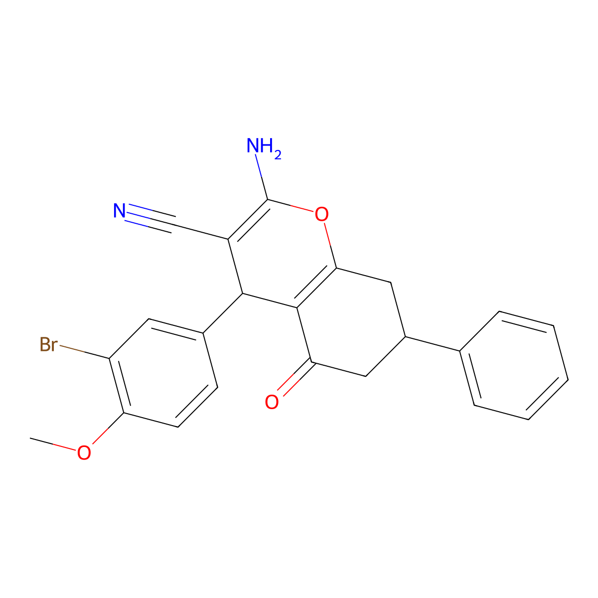 2-Amino-4-(3-bromo-4-methoxyphenyl)-5-oxo-7-phenyl-4,6,7,8-tetrahydrochromene-3-carbonitrile molecular structure, CAS 331856-66-7