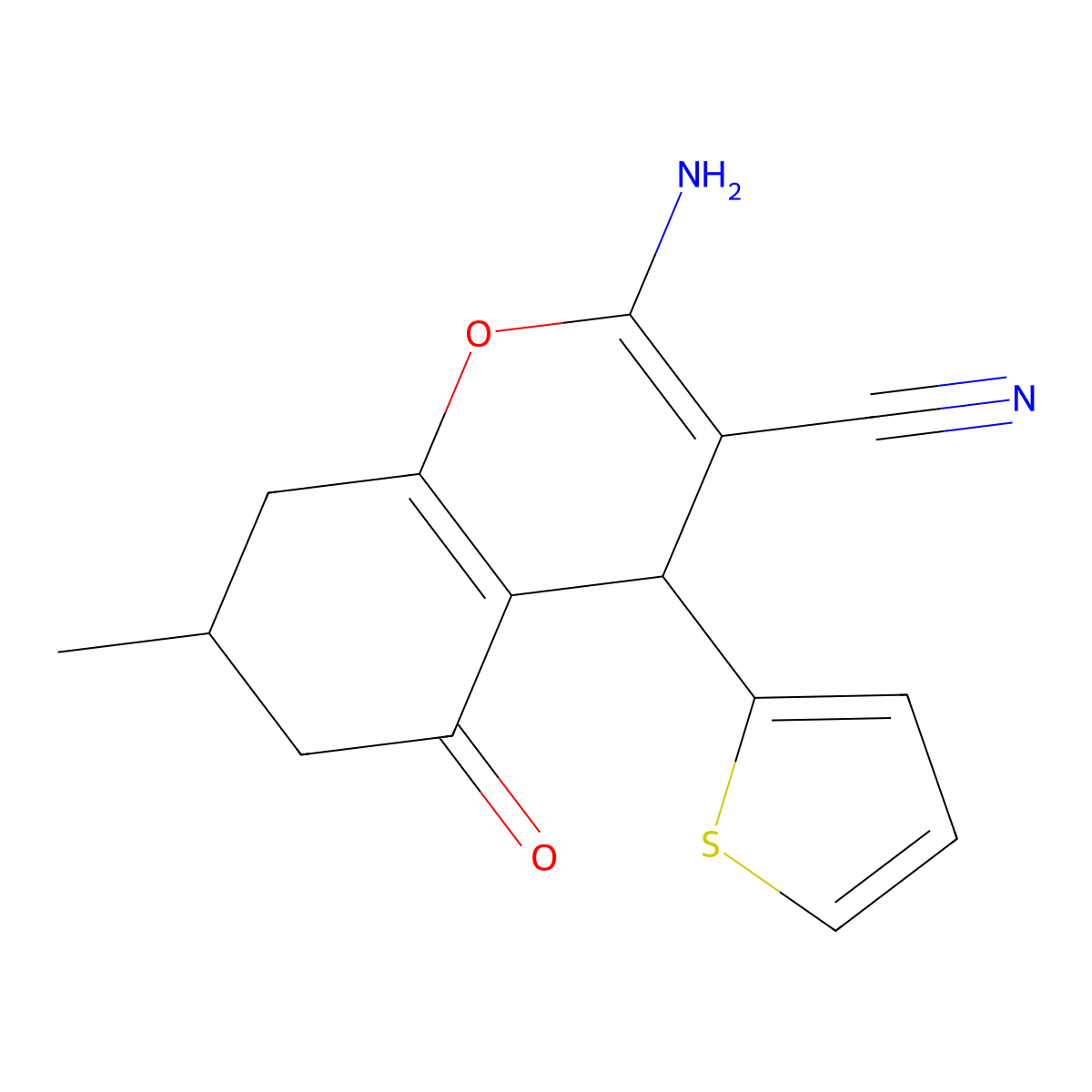 2-amino-7-methyl-5-oxo-4-(thiophen-2-yl)-5,6,7,8-tetrahydro-4H-chromene-3-carbonitrile molecular structure, CAS 331856-86-1