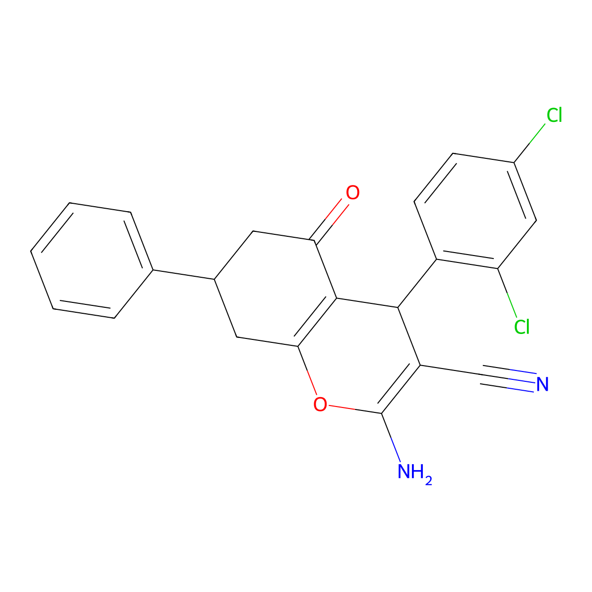 2-amino-4-(2,4-dichlorophenyl)-5-oxo-7-phenyl-5,6,7,8-tetrahydro-4H-chromene-3-carbonitrile molecular structure, CAS 331856-98-5