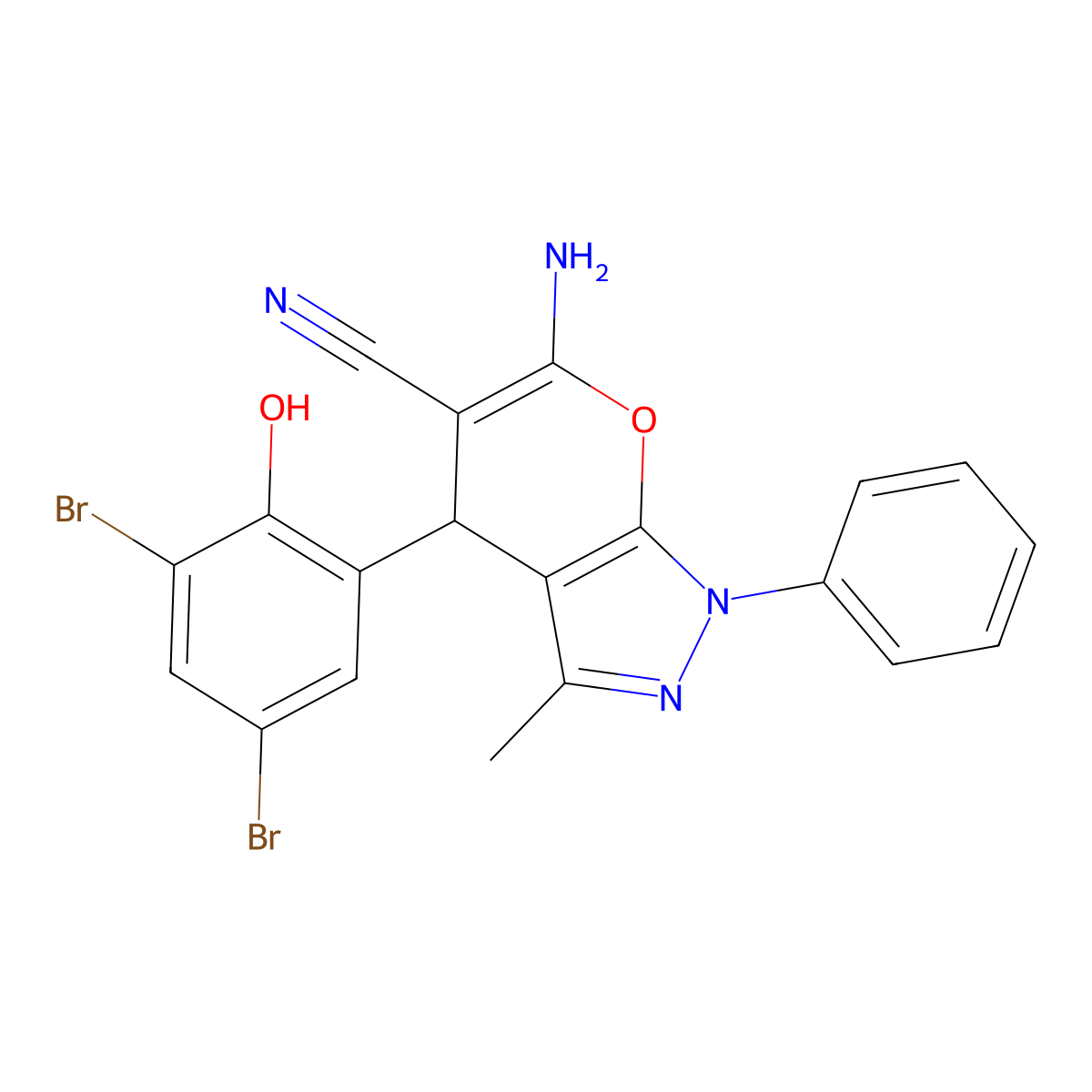 6-Amino-4-(3,5-dibromo-2-hydroxyphenyl)-3-methyl-1-phenyl-1,4-dihydropyrano[2,3-c]pyrazole-5-carbonitrile molecular structure, CAS 331862-13-6
