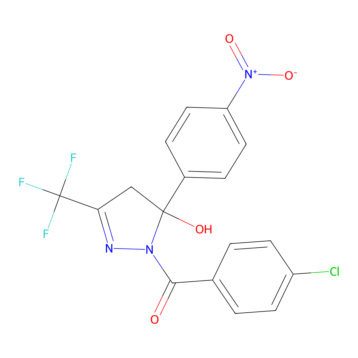 1-(4-chlorobenzoyl)-5-{4-nitrophenyl}-3-(trifluoromethyl)-4,5-dihydro-1H-pyrazol-5-ol molecular structure, CAS 331865-21-5