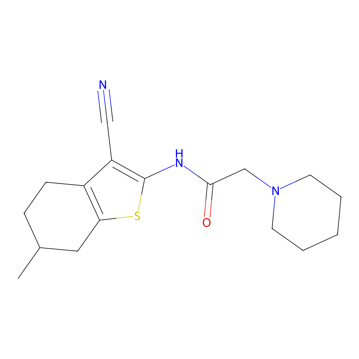 N-(3-cyano-6-methyl-4,5,6,7-tetrahydro-1-benzothiophen-2-yl)-2-piperidin-1-ylacetamide molecular structure, CAS 331869-91-1