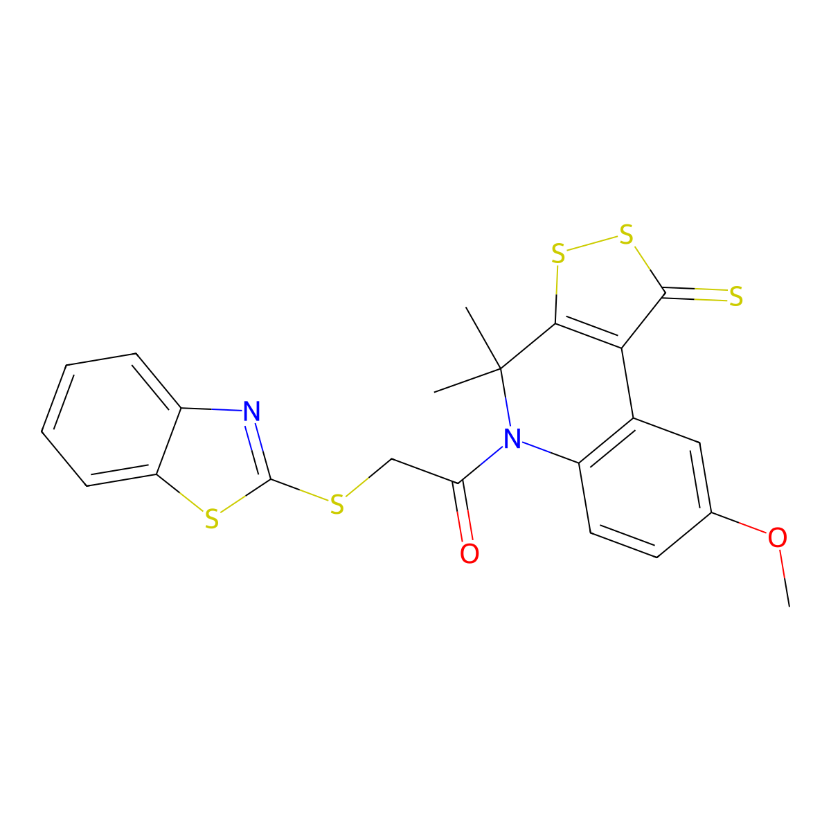 2-(1,3-Benzothiazol-2-ylsulfanyl)-1-(8-methoxy-4,4-dimethyl-1-sulfanylidenedithiolo[3,4-c]quinolin-5-yl)ethanone molecular structure, CAS 331944-58-2