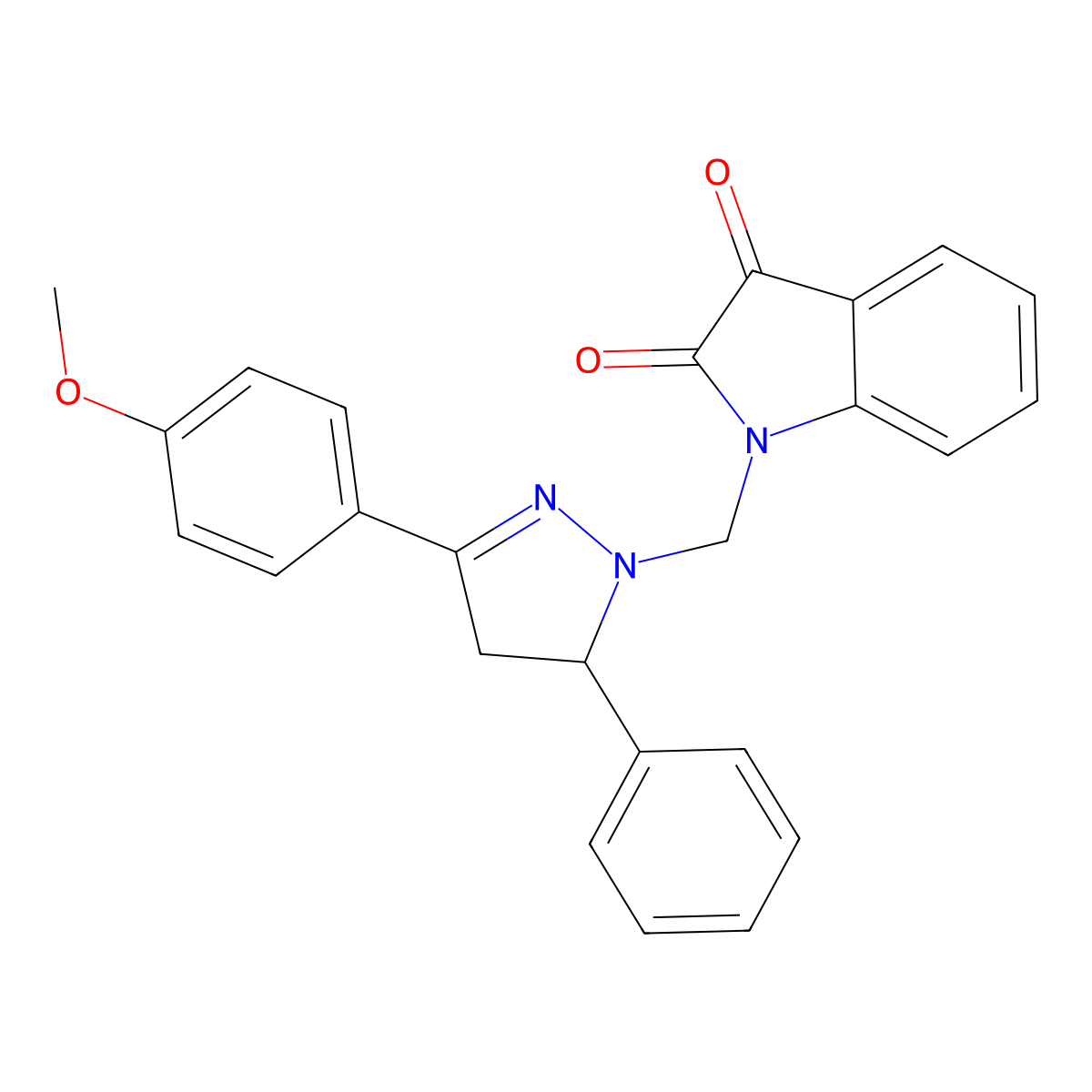 1-((3-(4-methoxyphenyl)-5-phenyl-4,5-dihydro-1H-pyrazol-1-yl)methyl)indoline-2,3-dione molecular structure, CAS 331944-69-5