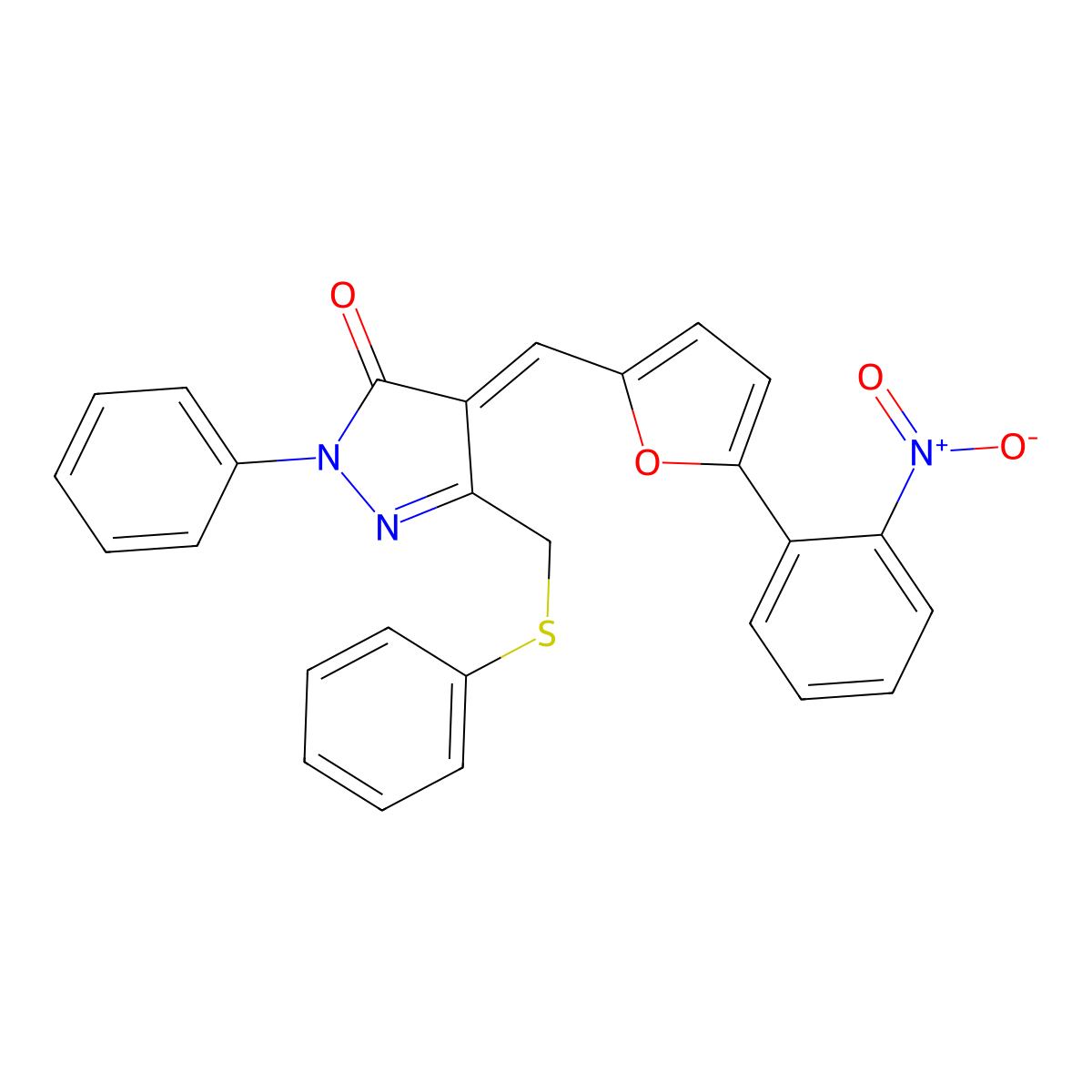 2,4-Dihydro-4-[[5-(2-nitrophenyl)-2-furanyl]methylene]-2-phenyl-5-[(phenylthio)methyl]-3H-pyrazol-3-one molecular structure, CAS 331947-68-3