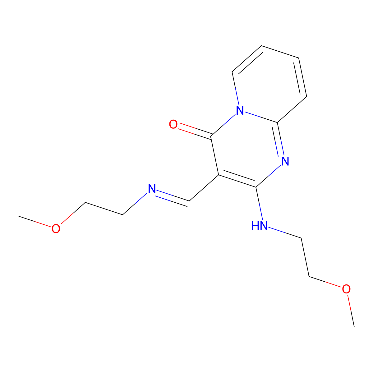 (E)-2-((2-methoxyethyl)amino)-3-(((2-methoxyethyl)imino)methyl)-4H-pyrido[1,2-a]pyrimidin-4-one molecular structure, CAS 331948-39-1