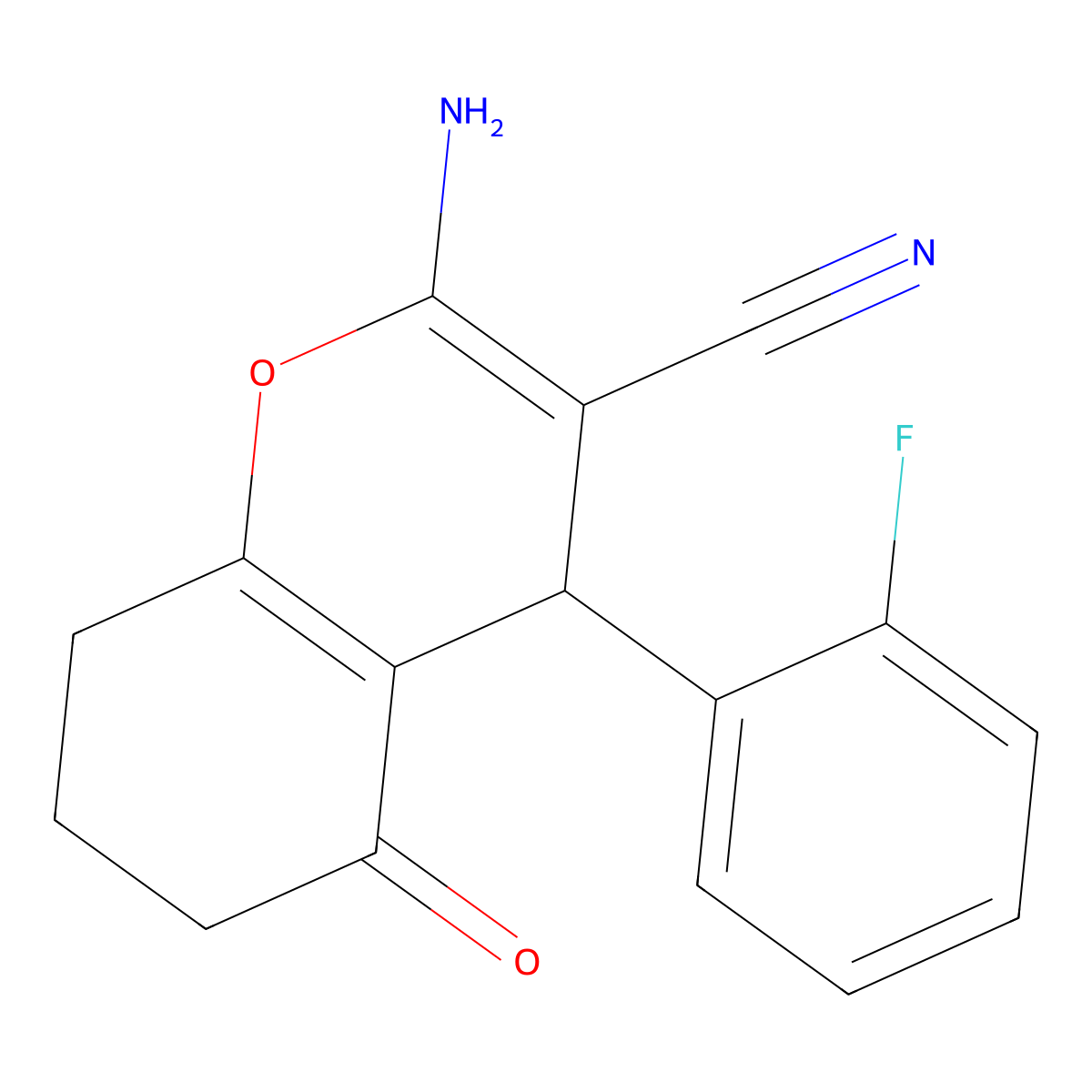 2-Amino-4-(2-fluorophenyl)-5,6,7,8-tetrahydro-5-oxo-4H-1-benzopyran-3-carbonitrile molecular structure, CAS 331950-31-3