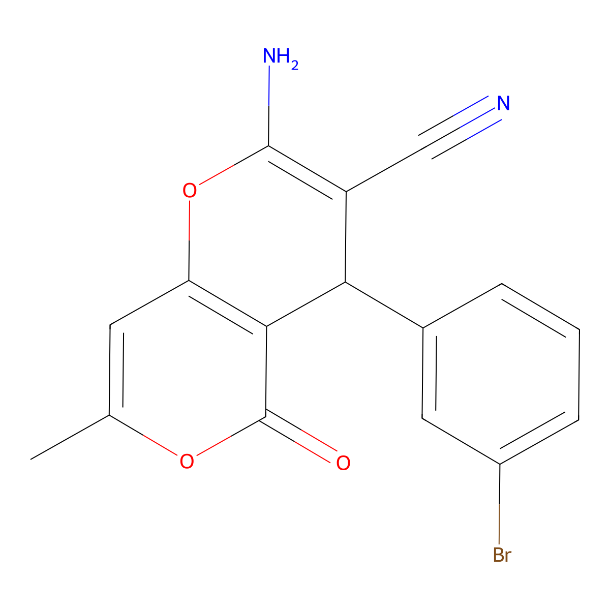 2-amino-4-(3-bromophenyl)-7-methyl-5-oxo-4H,5H-pyrano[4,3-b]pyran-3-carbonitrile molecular structure, CAS 331950-32-4