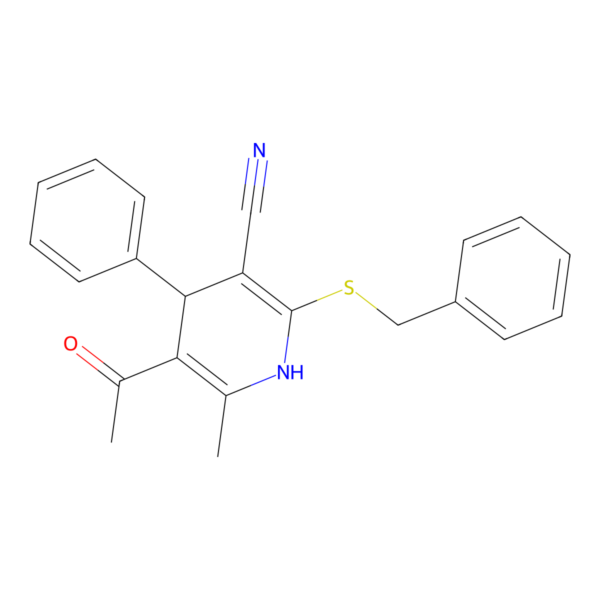 5-Acetyl-2-benzylsulfanyl-6-methyl-4-phenyl-1,4-dihydropyridine-3-carbonitrile molecular structure, CAS 331950-55-1