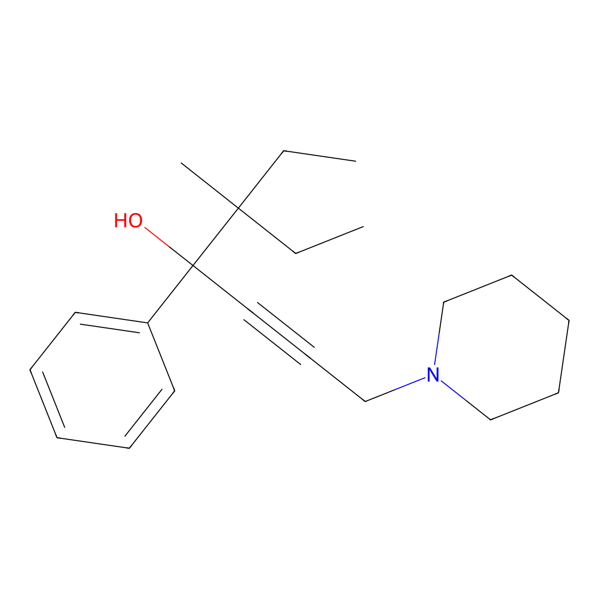 5-Ethyl-5-methyl-4-phenyl-1-(piperidin-1-yl)hept-2-yn-4-ol molecular structure, CAS 331950-64-2