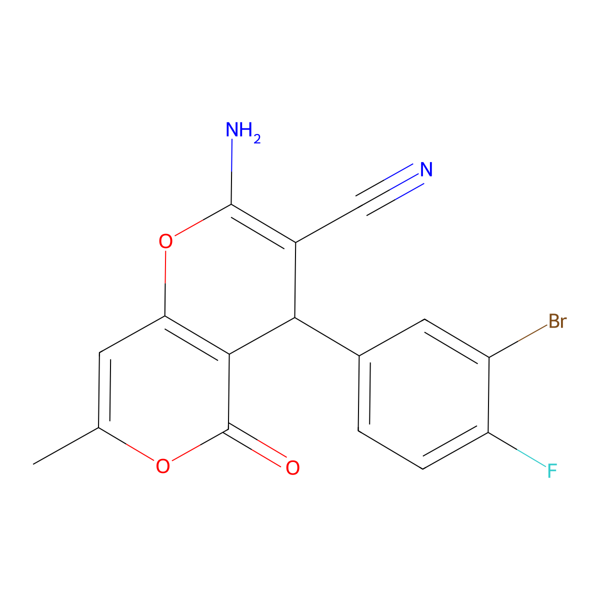 2-amino-4-(3-bromo-4-fluorophenyl)-7-methyl-5-oxo-4H,5H-pyrano[4,3-b]pyran-3-carbonitrile molecular structure, CAS 331951-05-4