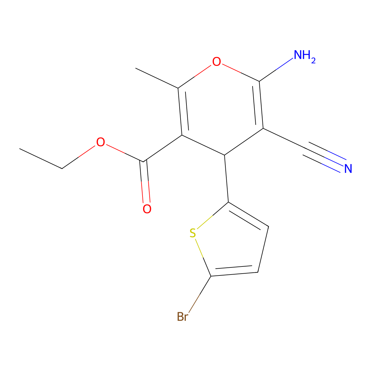 ethyl 6-amino-4-(5-bromothiophen-2-yl)-5-cyano-2-methyl-4H-pyran-3-carboxylate molecular structure, CAS 331951-07-6