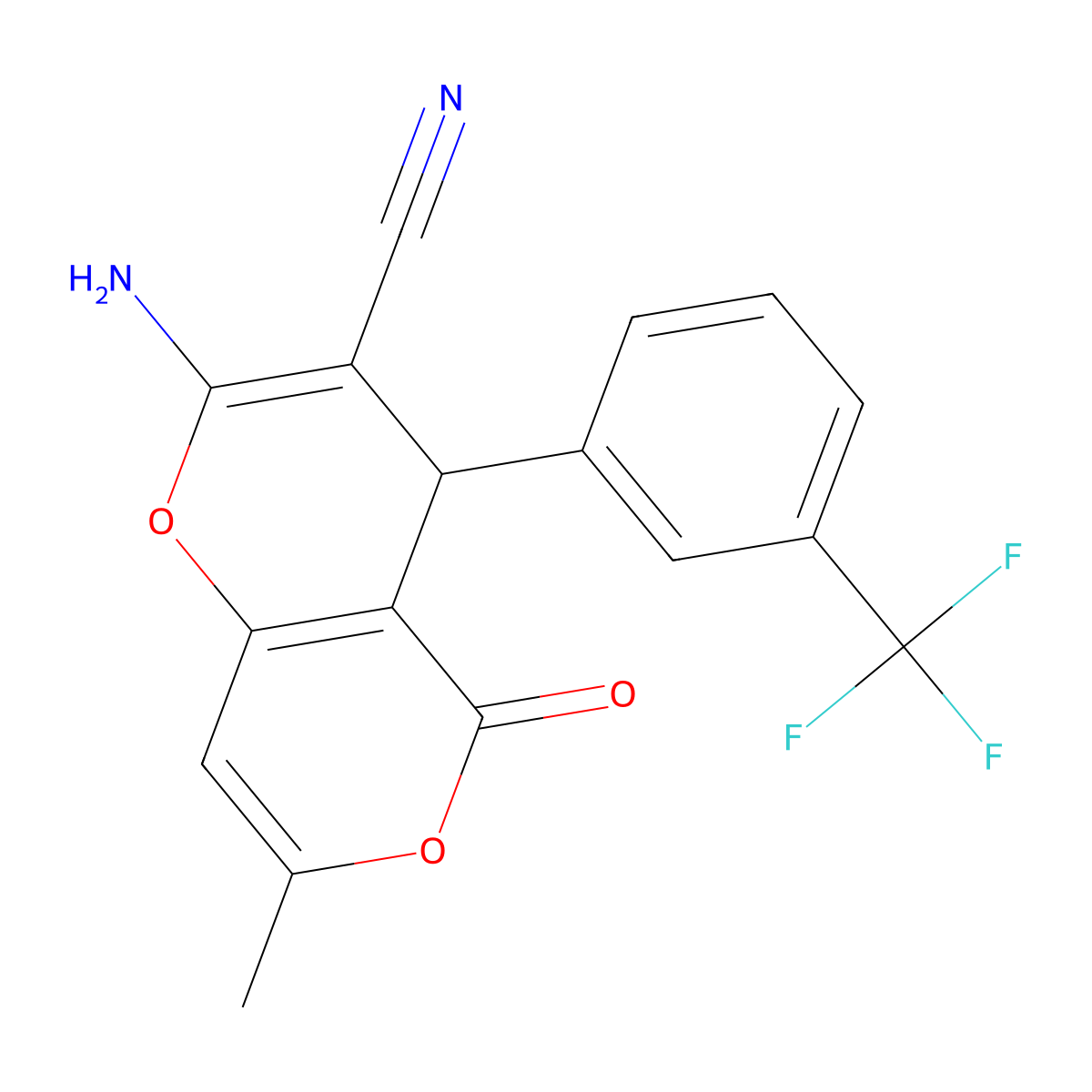 2-amino-7-methyl-5-oxo-4-[3-(trifluoromethyl)phenyl]-4H-pyrano[3,2-c]pyran-3-carbonitrile molecular structure, CAS 331951-15-6