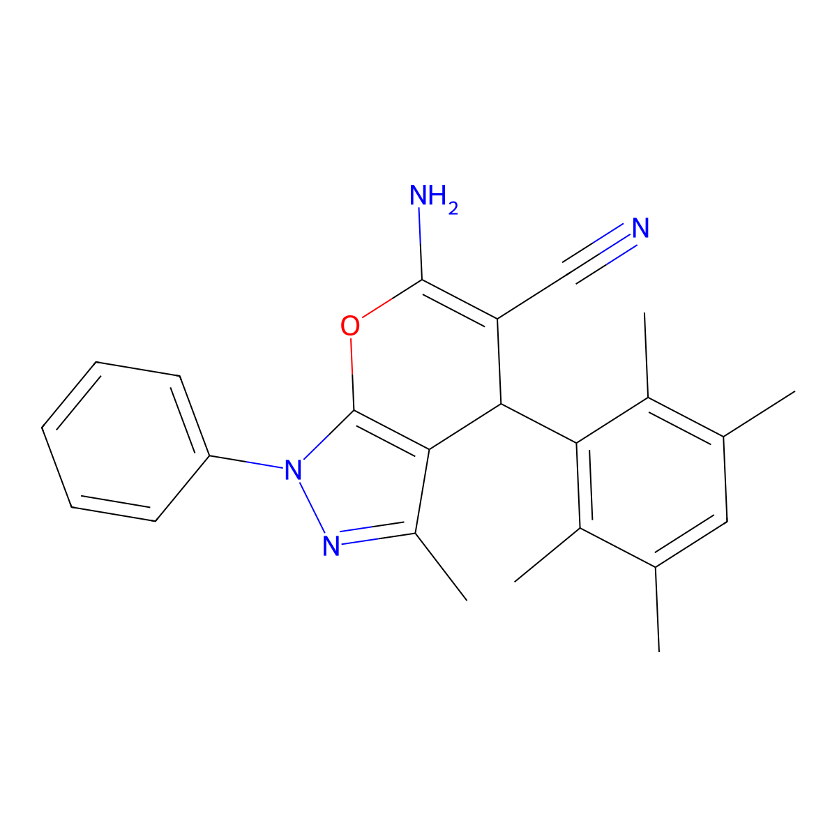 6-amino-3-methyl-1-phenyl-4-(2,3,5,6-tetramethylphenyl)-4H-pyrano[2,3-c]pyrazole-5-carbonitrile molecular structure, CAS 331957-44-9