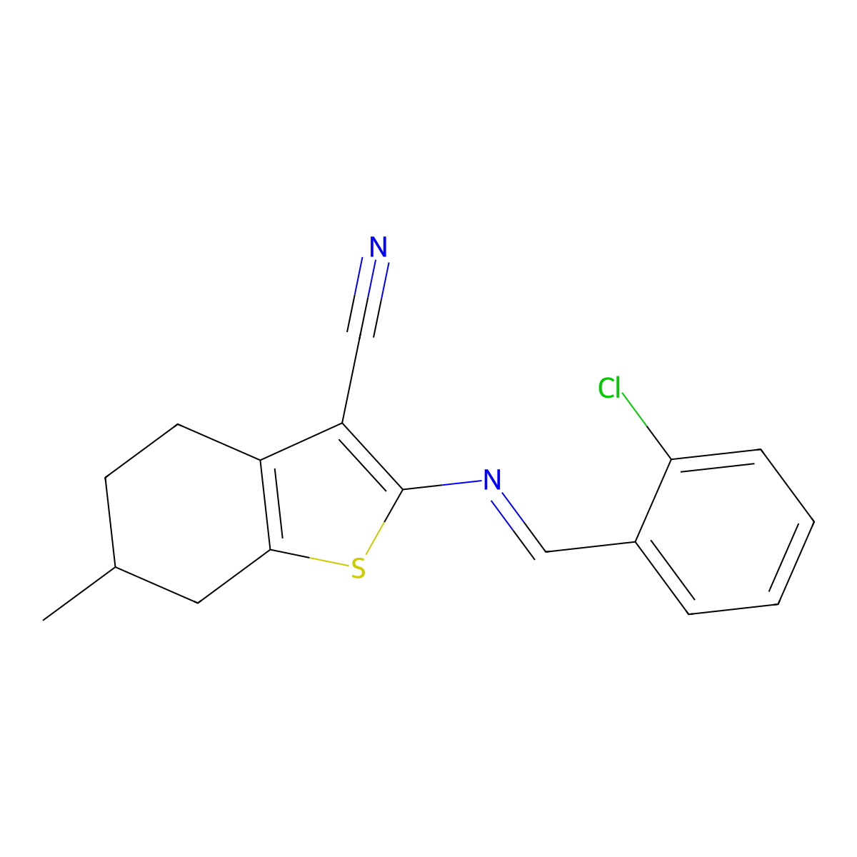 2-((2-Chlorobenzylidene)amino)-6-methyl-4,5,6,7-tetrahydrobenzo[b]thiophene-3-carbonitrile molecular structure, CAS 331962-70-0