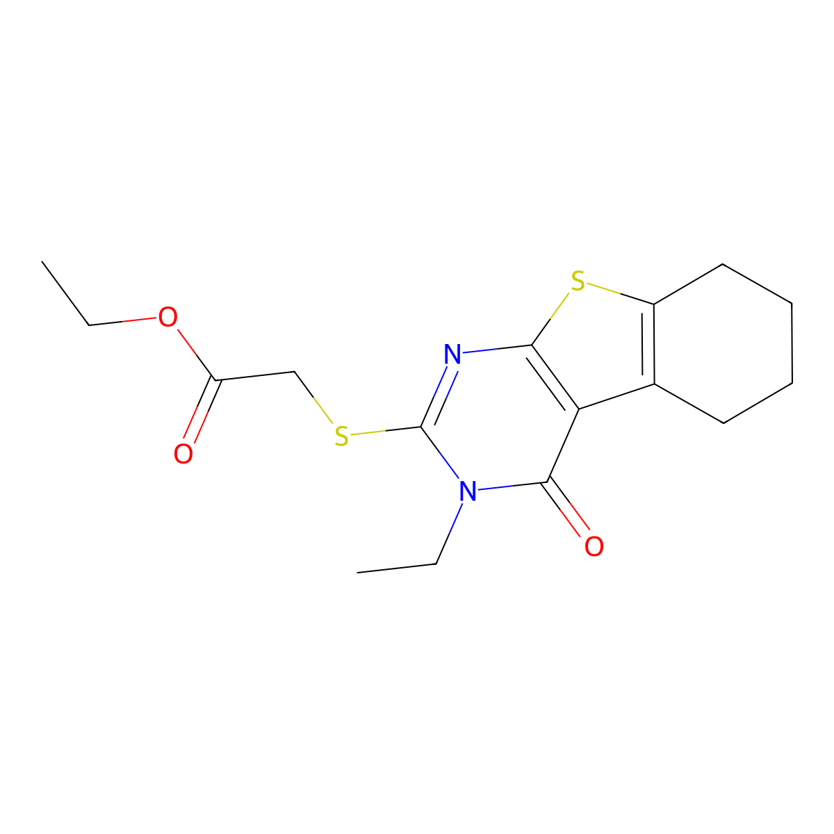 Ethyl [(3-ethyl-4-oxo-3,4,5,6,7,8-hexahydro[1]benzothieno[2,3-d]pyrimidin-2-yl)sulfanyl]acetate molecular structure, CAS 331964-35-3
