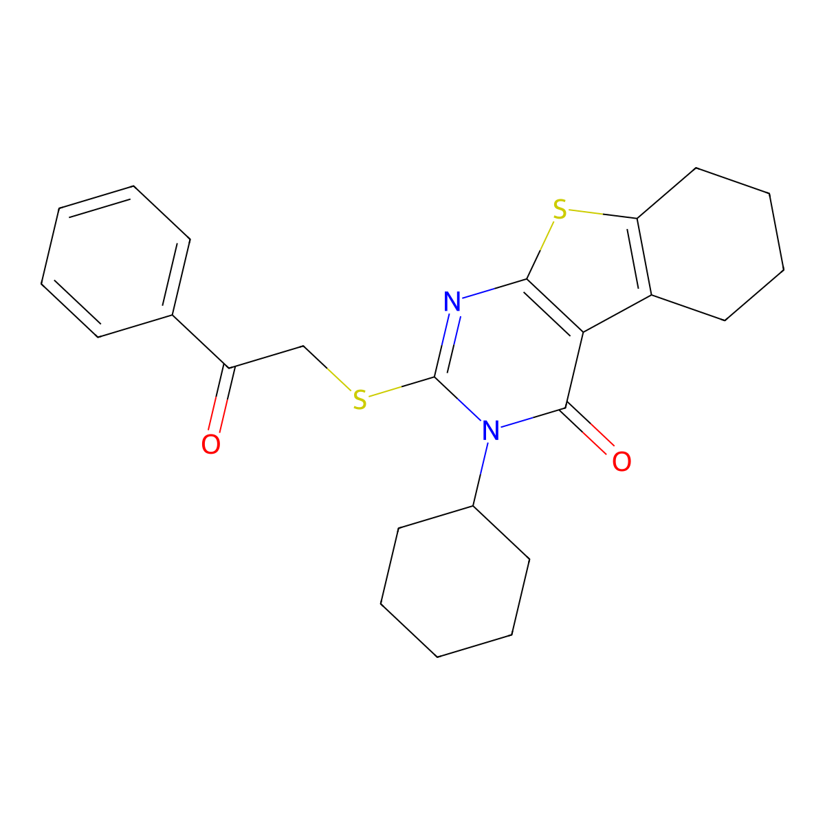 3-Cyclohexyl-2-phenacylsulfanyl-5,6,7,8-tetrahydro-[1]benzothiolo[2,3-d]pyrimidin-4-one molecular structure, CAS 331964-42-2