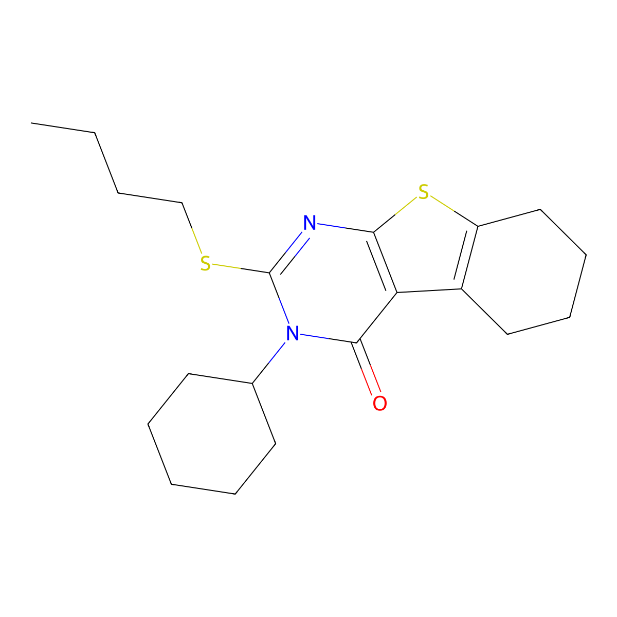 2-(butylsulfanyl)-3-cyclohexyl-5,6,7,8-tetrahydro[1]benzothieno[2,3-d]pyrimidin-4(3H)-one molecular structure, CAS 331964-46-6