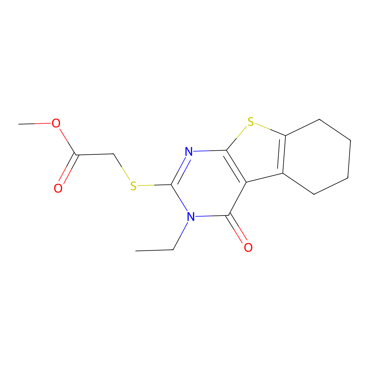 Methyl [(3-ethyl-4-oxo-3,4,5,6,7,8-hexahydro[1]benzothieno[2,3-D]pyrimidin-2-YL)sulfanyl]acetate molecular structure, CAS 331964-48-8