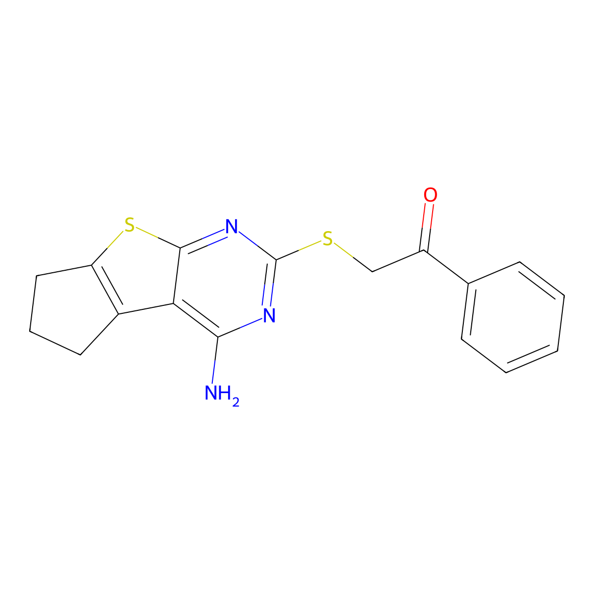 2-[(1-amino-7,8-dihydro-6H-cyclopenta[4,5]thieno[1,2-c]pyrimidin-3-yl)sulfanyl]-1-phenylethanone molecular structure, CAS 331964-61-5