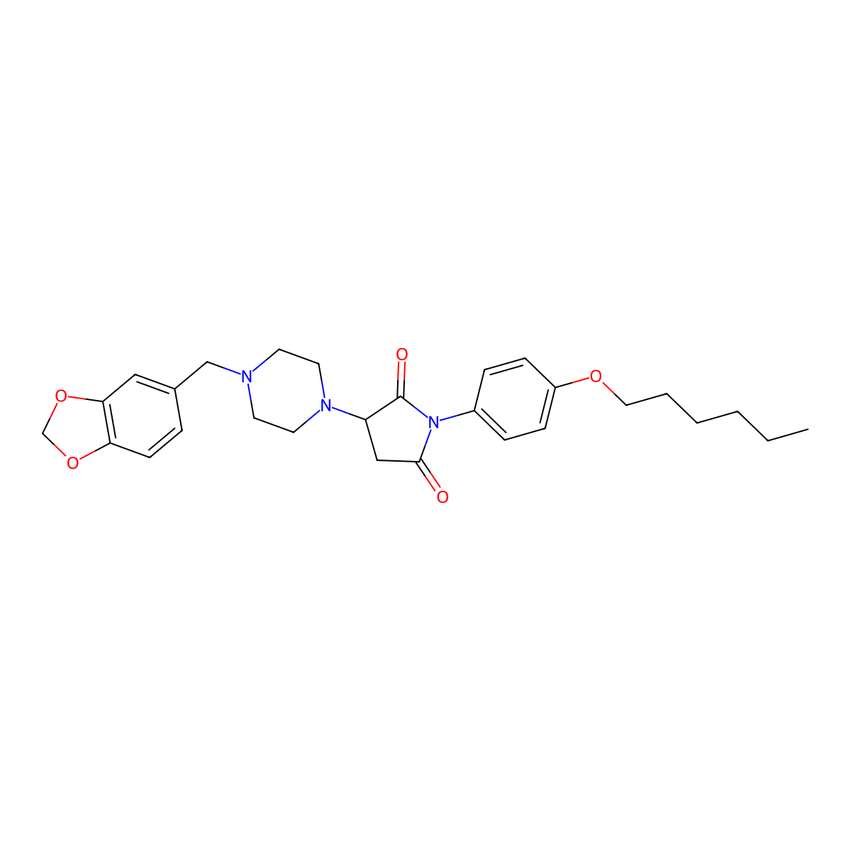 3-[4-(1,3-Benzodioxol-5-ylmethyl)piperazin-1-yl]-1-[4-(hexyloxy)phenyl]pyrrolidine-2,5-dione molecular structure, CAS 331966-28-0