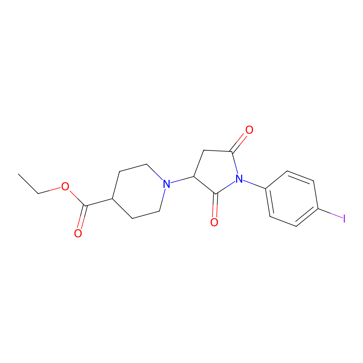 Ethyl 1-[1-(4-iodophenyl)-2,5-dioxopyrrolidin-3-yl]piperidine-4-carboxylate molecular structure, CAS 331966-66-6