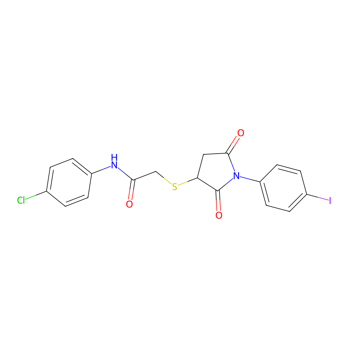 N-(4-chlorophenyl)-2-[1-(4-iodophenyl)-2,5-dioxopyrrolidin-3-yl]sulfanylacetamide molecular structure, CAS 331966-70-2