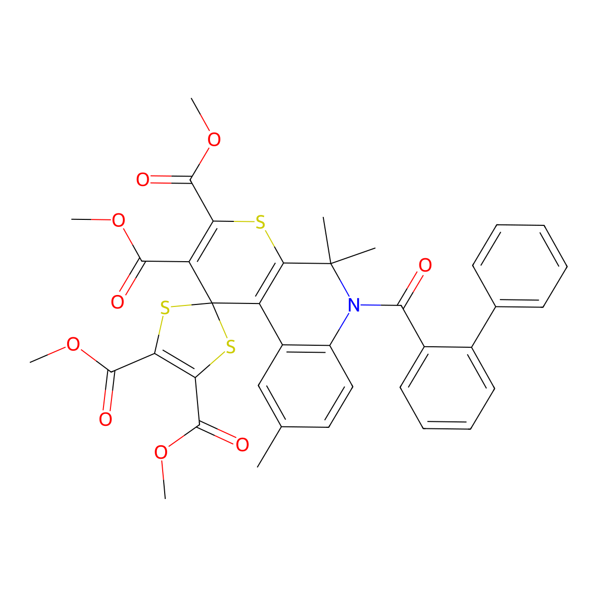 tetramethyl 6-([1,1'-biphenyl]-2-ylcarbonyl)-5,5,9-trimethyl-5,6-dihydrospiro(1H-thiopyrano[2,3-c]quinoline-1,2'-[1,3]-dithiole)-2,3,4',5'-tetracarboxylate molecular structure, CAS 331973-86-5